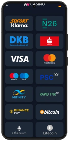 Screenshot des Einzahlungsbereichs in der NV Casino App