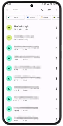 Aplikacja NV Casino na Androida znajdź plik w folderze pobrane swojego telefonu komórkowego