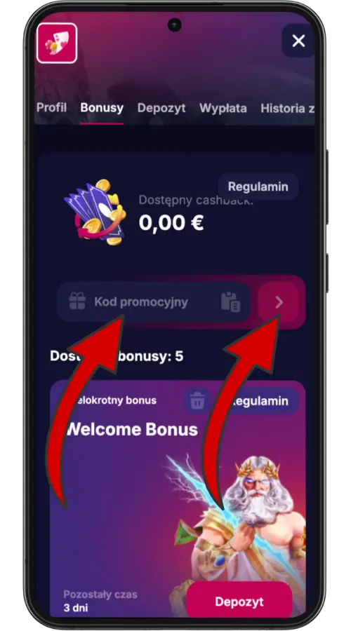 Sekcja bonusowa z polem do wpisania kodu promocyjnego i bonusu powitalnego