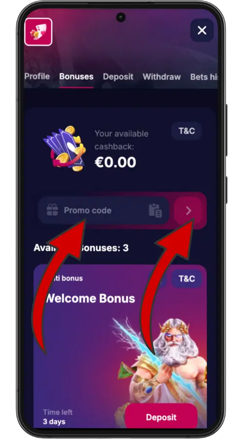 Section bonus avec champ de saisie de code promo et bonus de bienvenue
