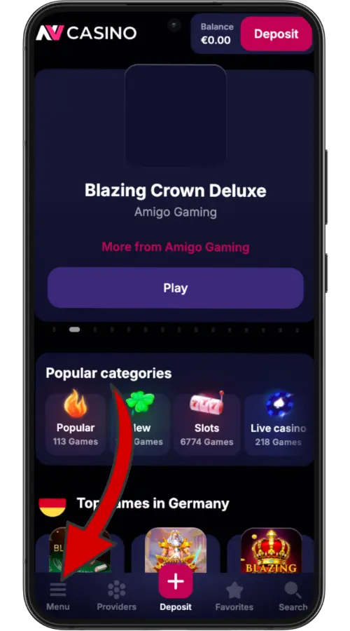 Interface de jeu NV Casino avec catégories de jeux populaires et bouton de dépôt