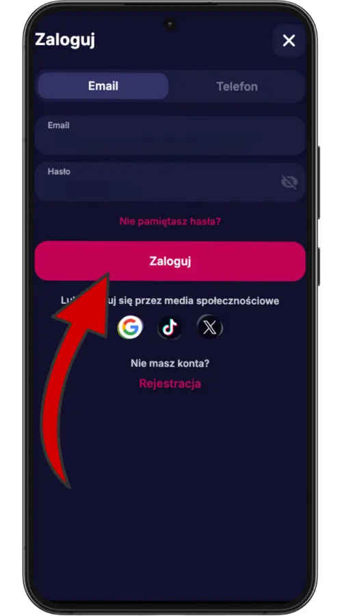 Ekran logowania do kasyna NV z możliwością utworzenia nowego konta