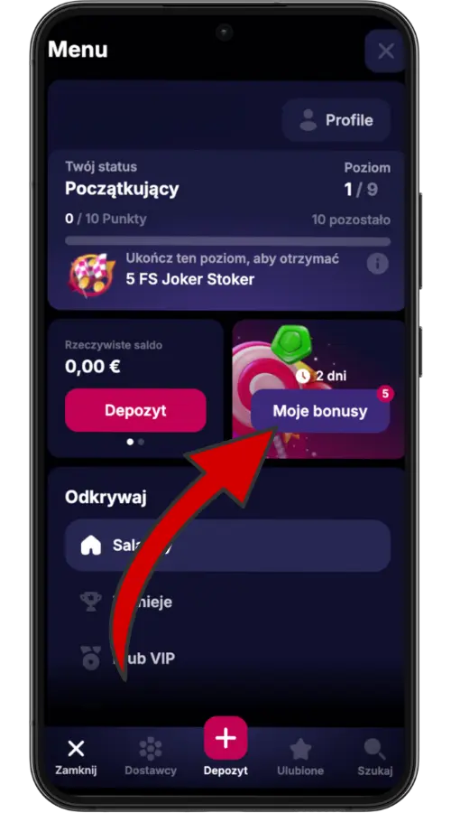 Menu główne kasyna NV z przyciskiem wpłaty i sekcją „Moje bonusy”