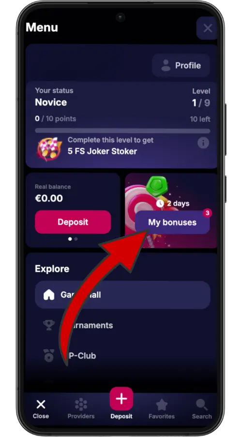 Menu principal du casino NV avec bouton de dépôt et section «My bonuses» srcset=
