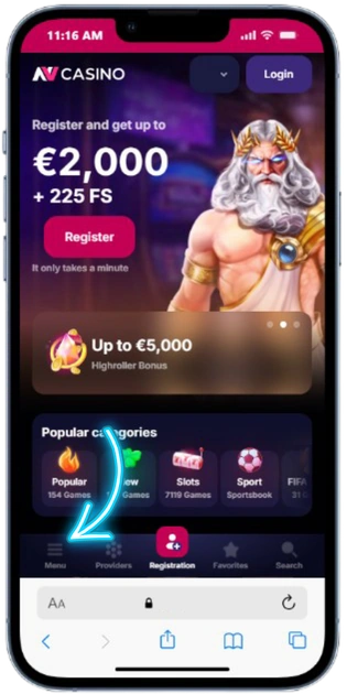 NV Casino App iOS App-onderdeel in het menu